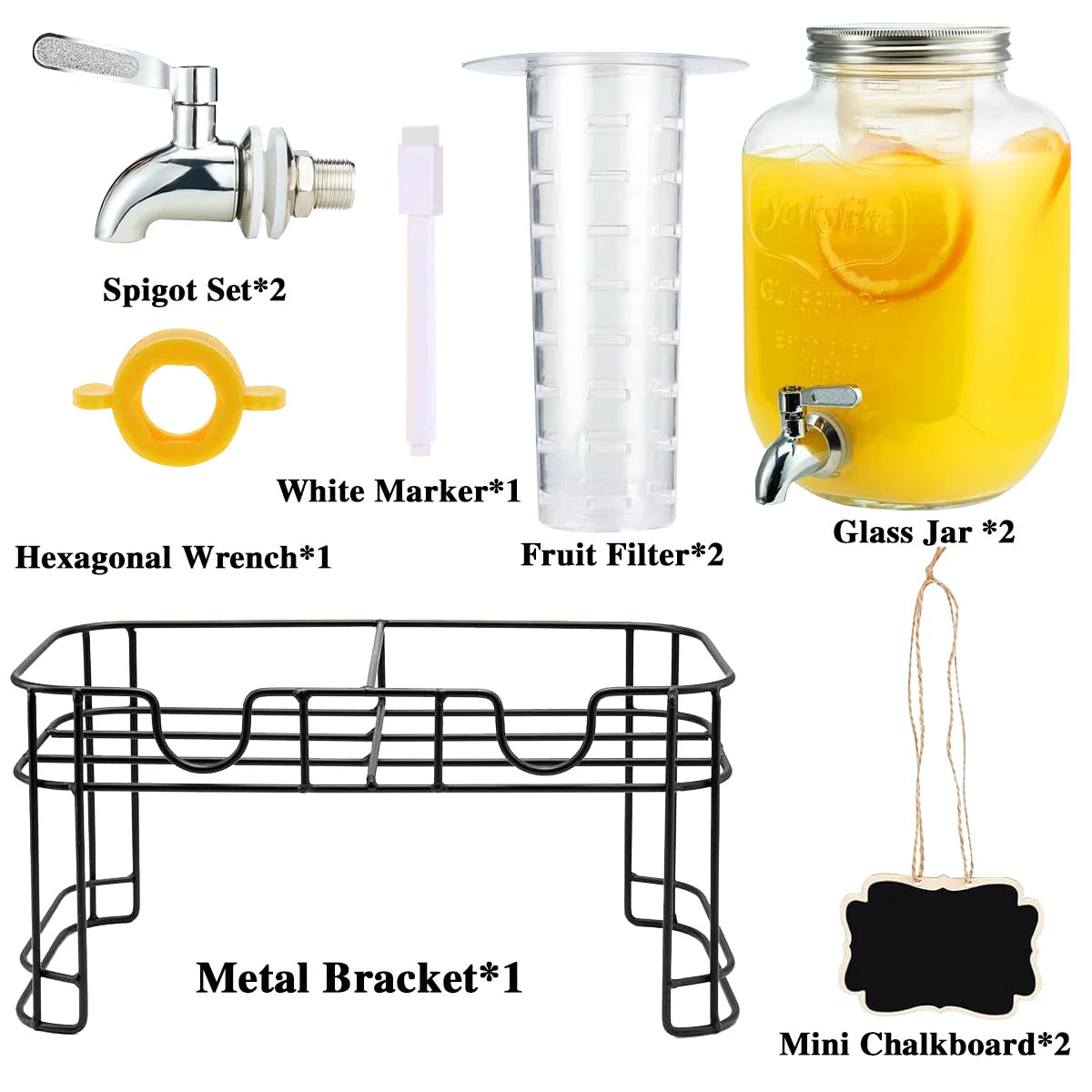 2pk 1gl Drink Dispenser, Glass w/Stand, Stainless Steel Faucet