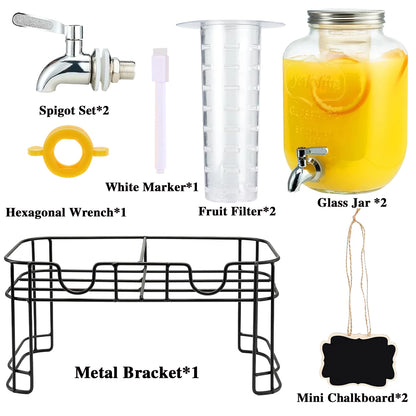 2pk 1gl Drink Dispenser, Glass w/Stand, Stainless Steel Faucet