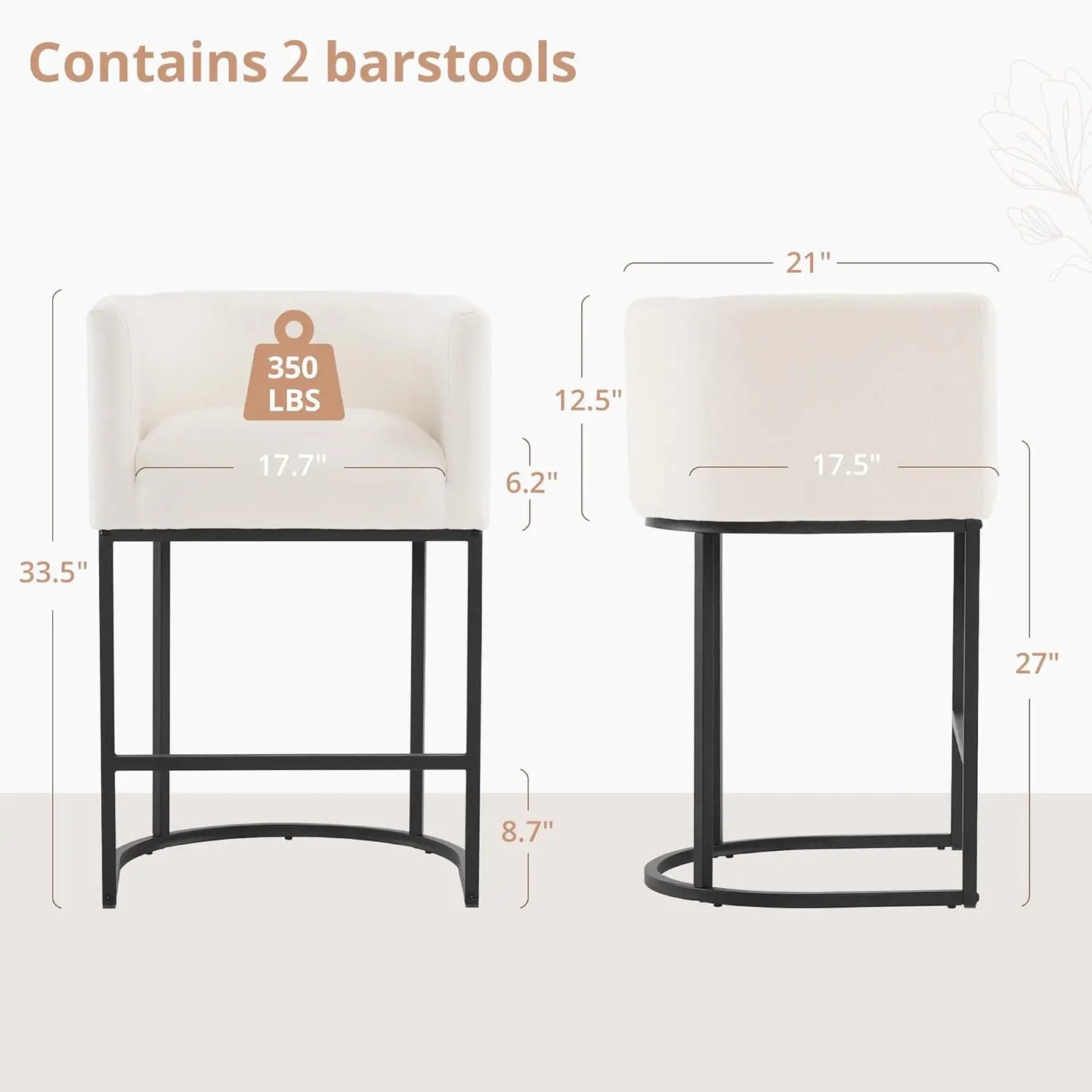 Set (2) 27" Modern Counter Stools w/Backrest and Arms, Black Frames