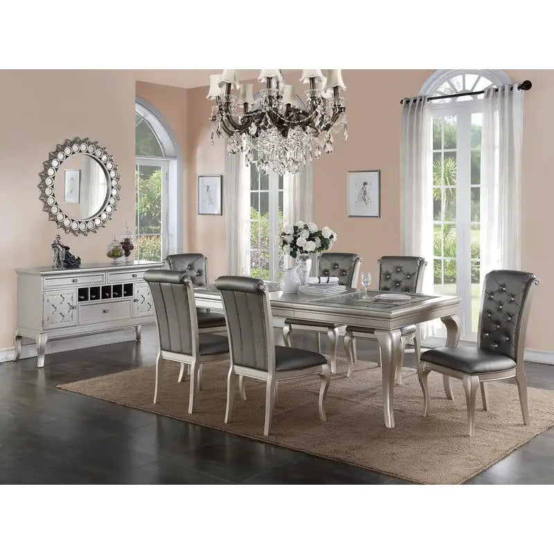 7pc Rect. Glass Dining Table, Silver Hue, 6 Tufted Side Chairs