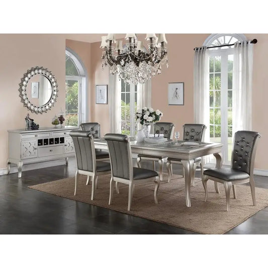 7pc Rect. Glass Dining Table, Silver Hue, 6 Tufted Side Chairs