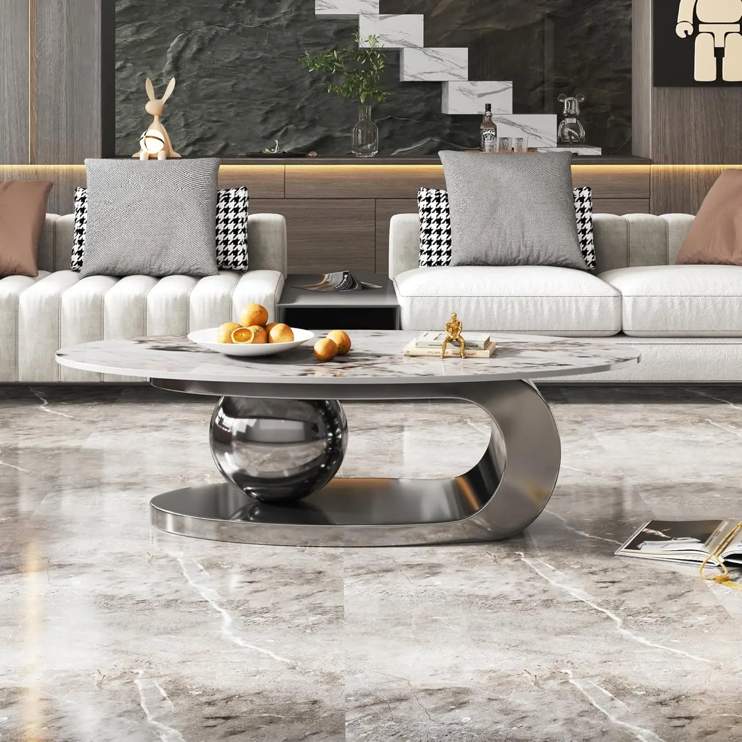 Modern, Oval Living Room Table w/ Faux Marble Top