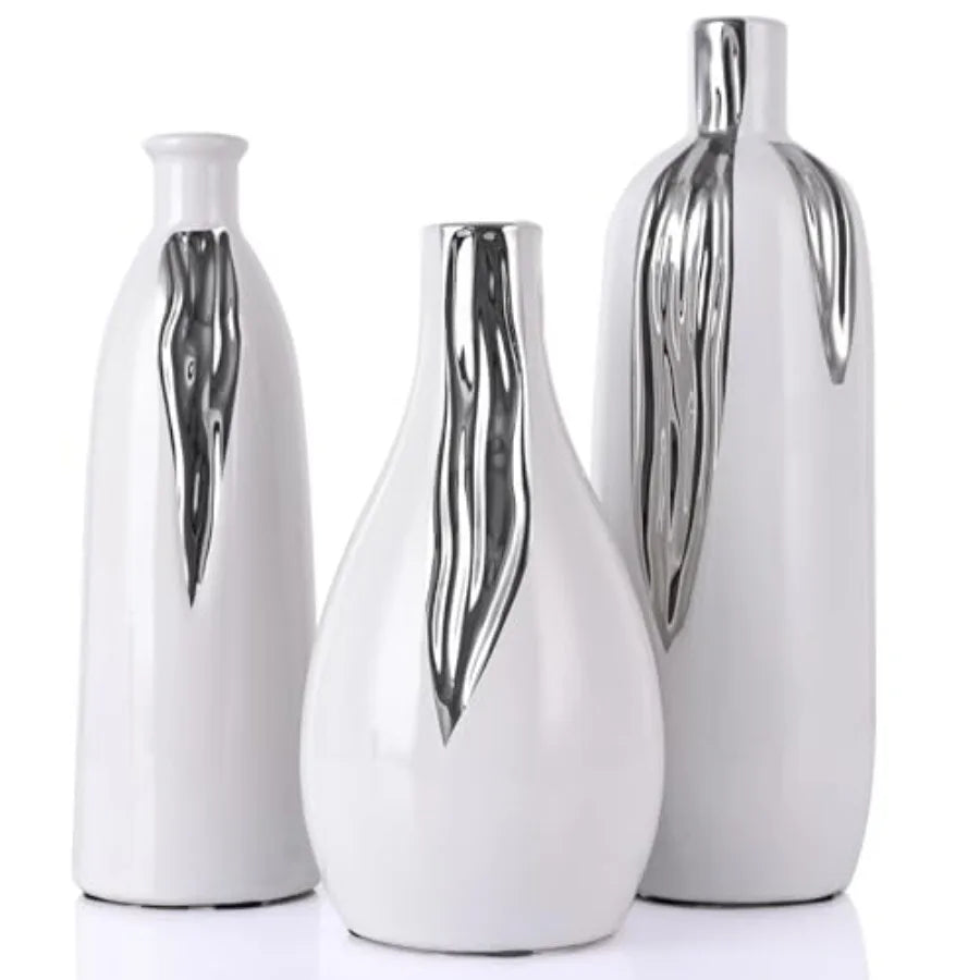 Ceramic Vase 3 Pcs Set, White and Gold Vases