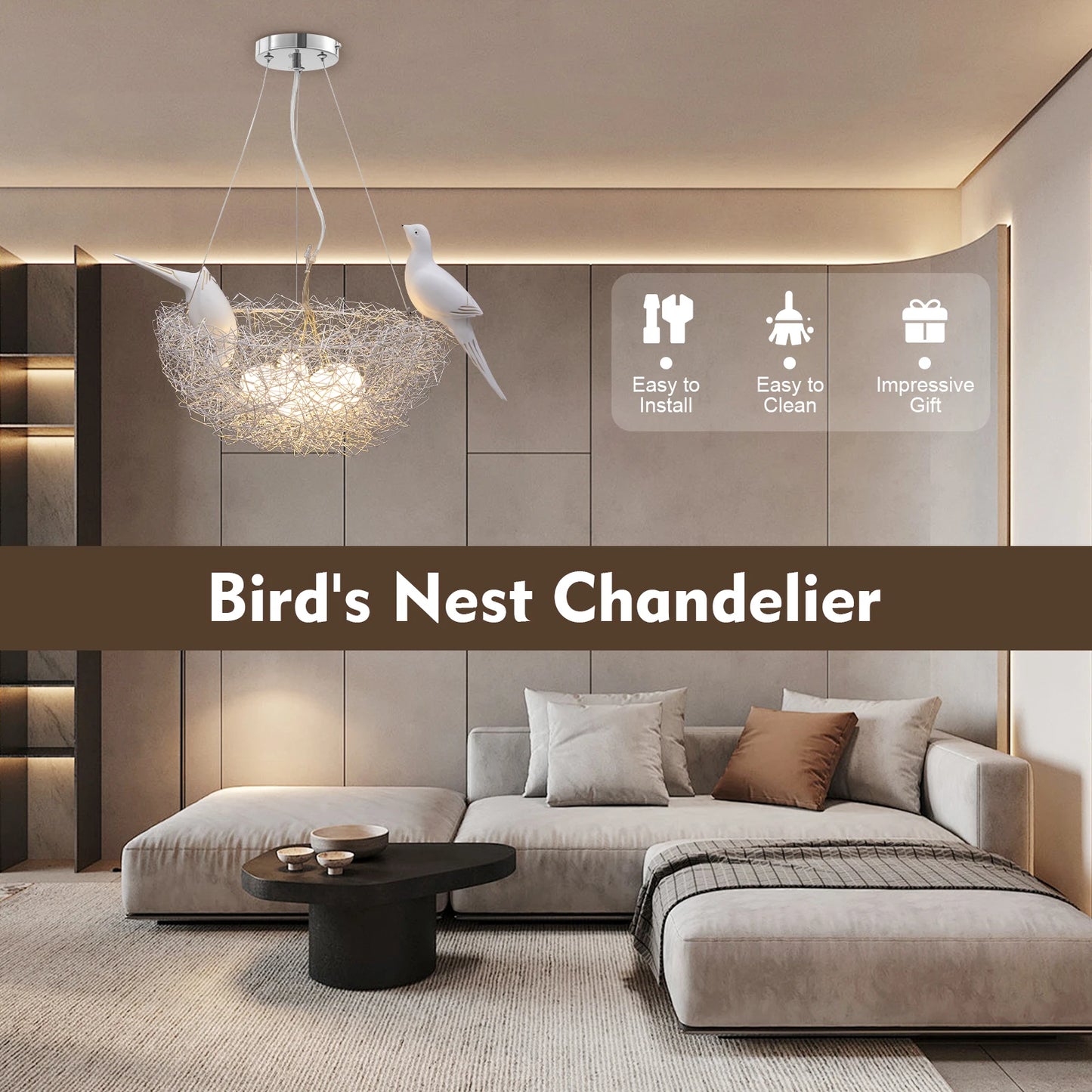 Modern Bird Nest Chandelier, LED 25W, Aluminum Silver