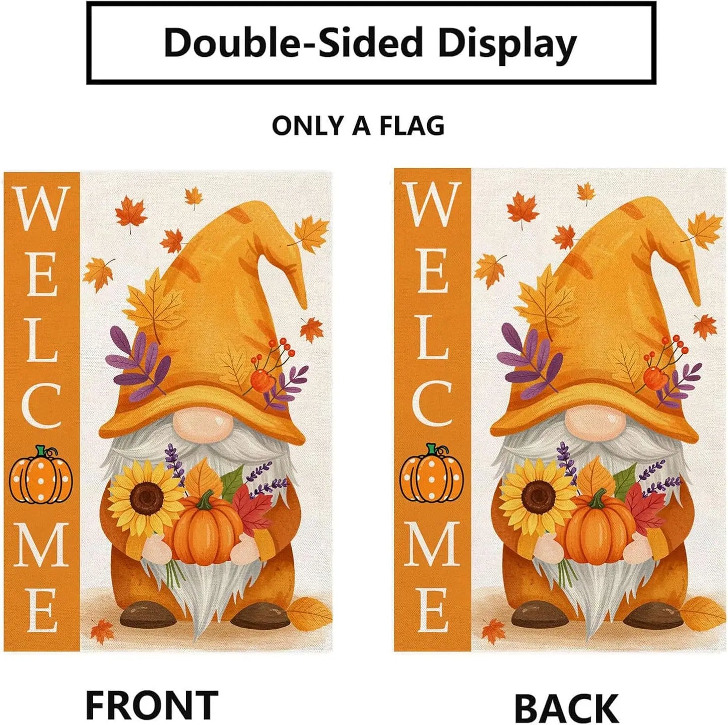 Welcome Fall Gnome Garden Flag 12"x18", Autumn Leaves, Pumpkin, Double-Side