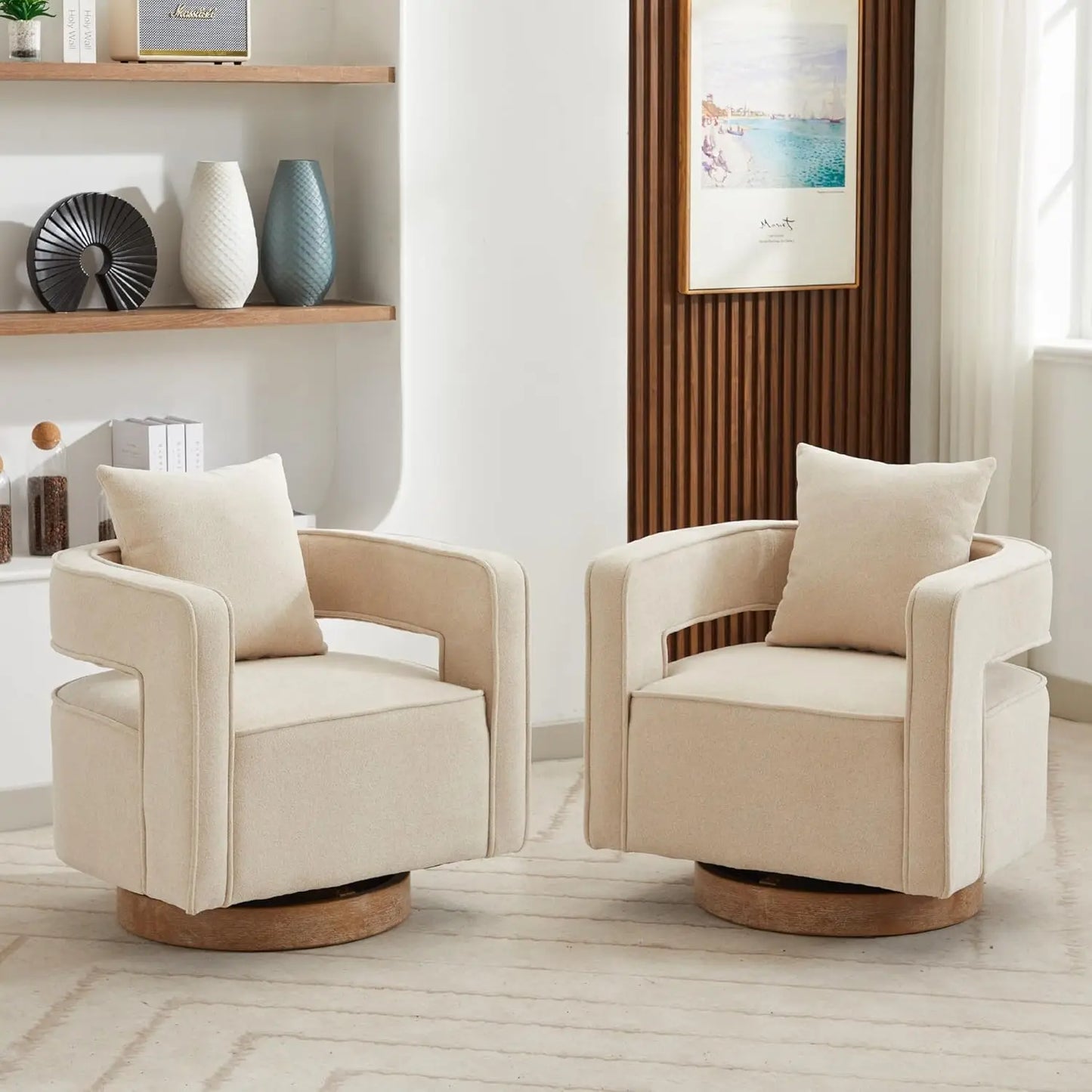 Set (2) Upholstered Swivel Accent Chair, Open Back Barrel Chair