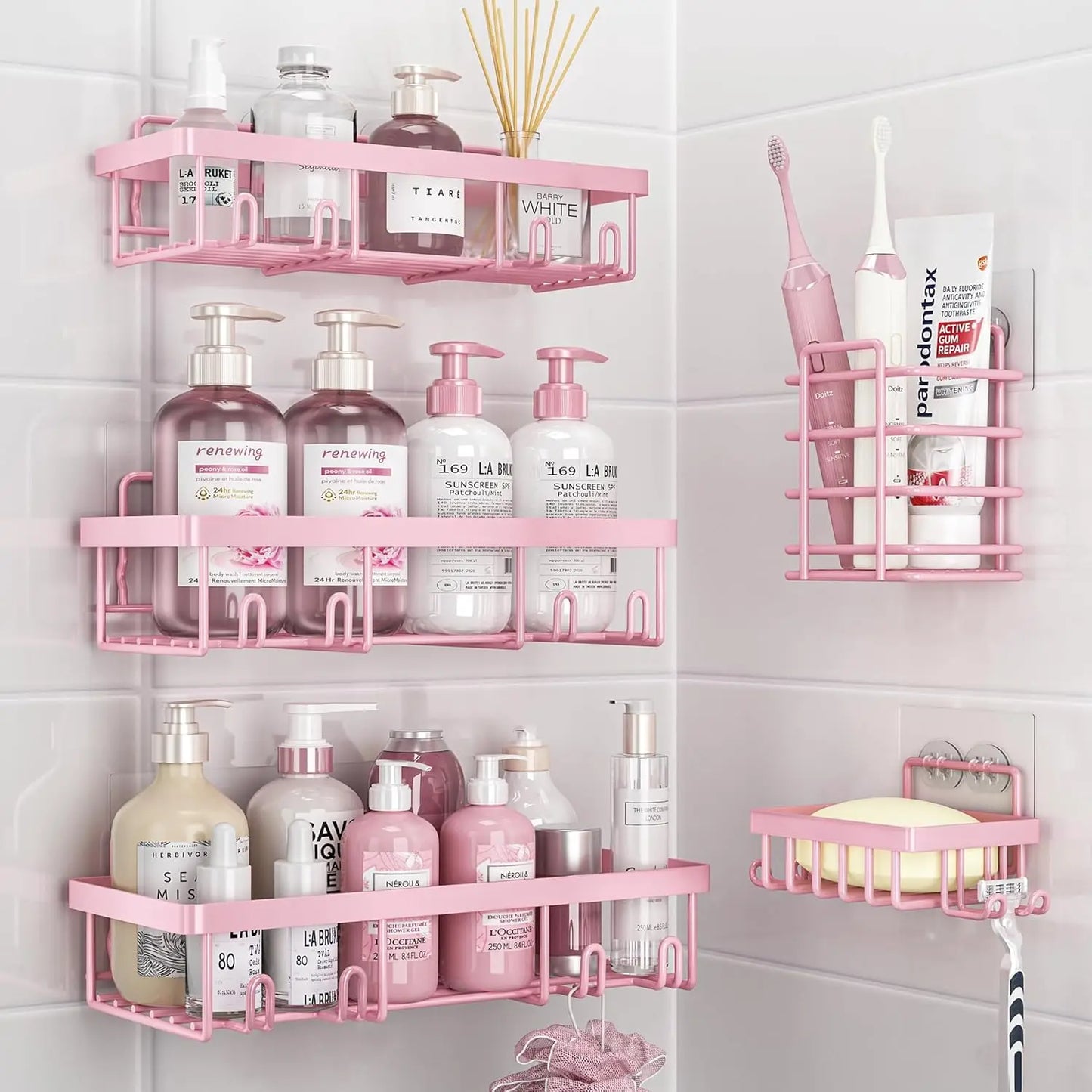 5pk Stainless Pink Shower Caddy Organizer, Adhesive, No Drill