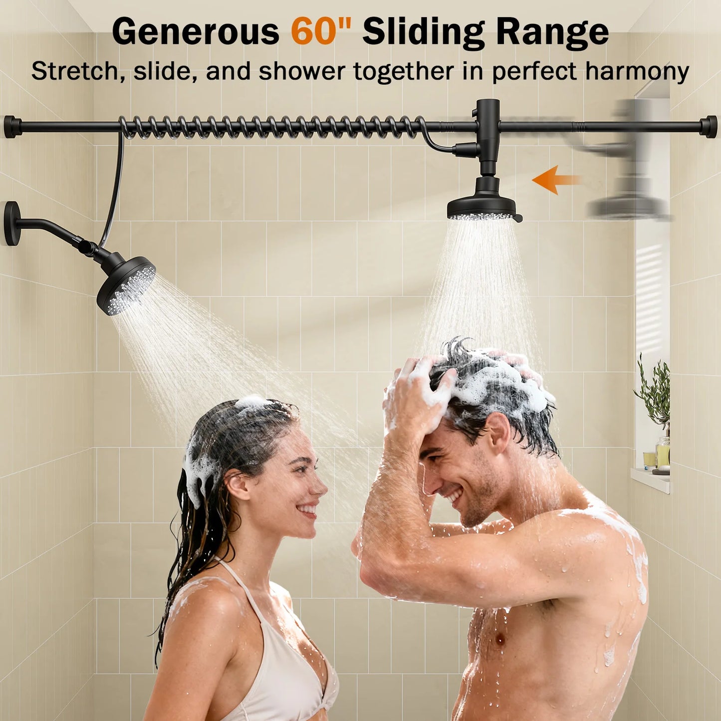 High Pressure Double Shower Head, Adjustable Slider,