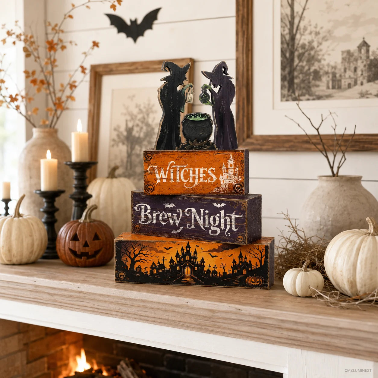 Rustic Witch Hat Table Decorations - Artificial Wood Layered Tray Centerpiece
