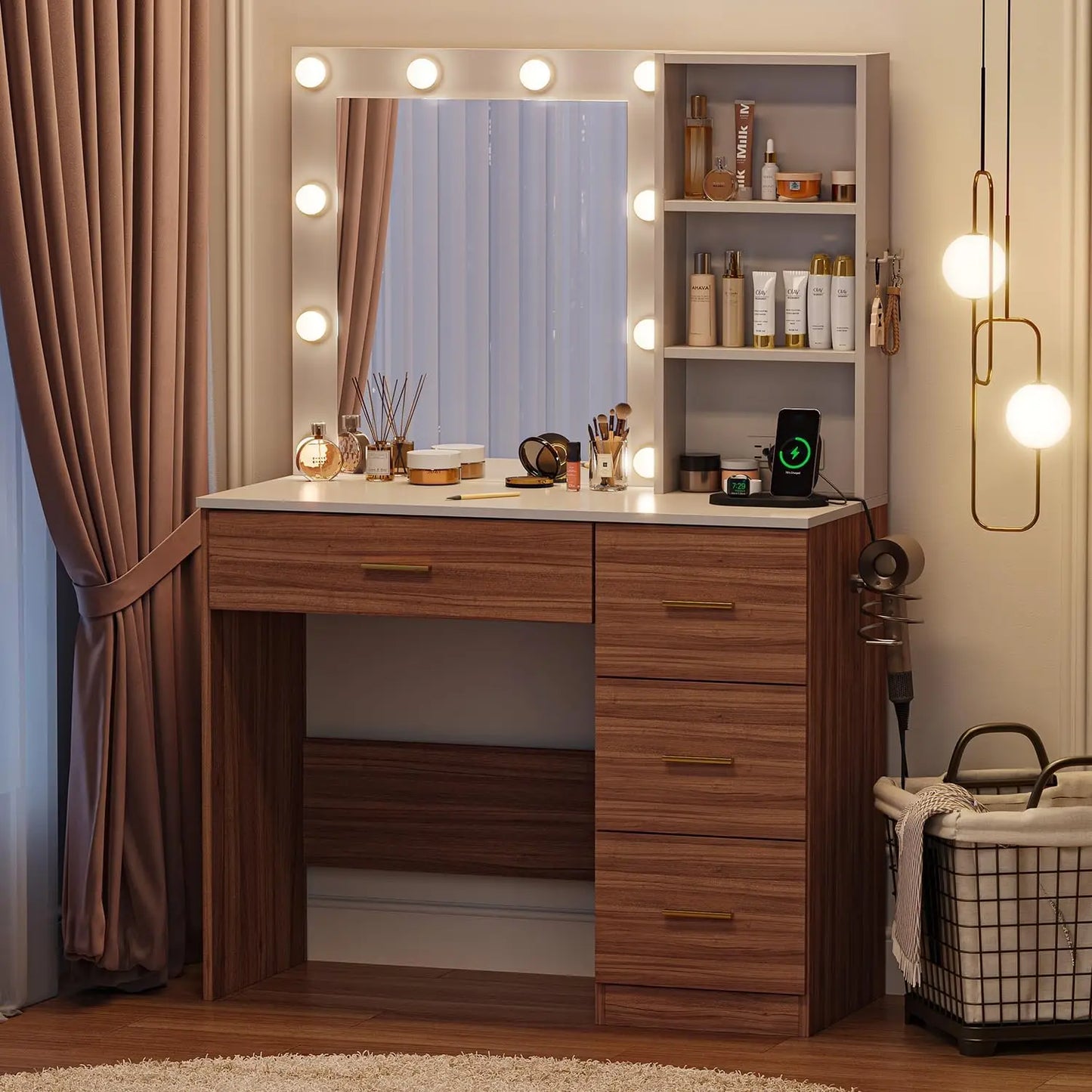 Makeup Vanity Desk w/LED Lighted Mirror, 4 Drawers Storage, Power Outlet