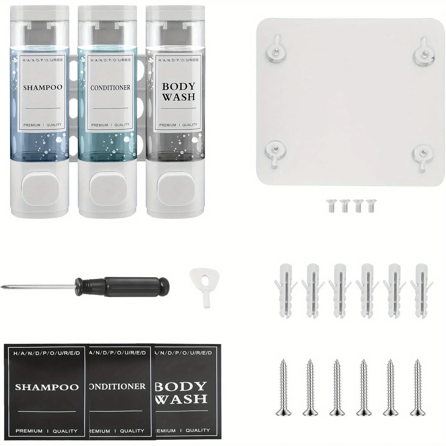 Wall-Mounted 3-in-1 Shampoo, Conditioner, Soap Dispenser, No Drilling