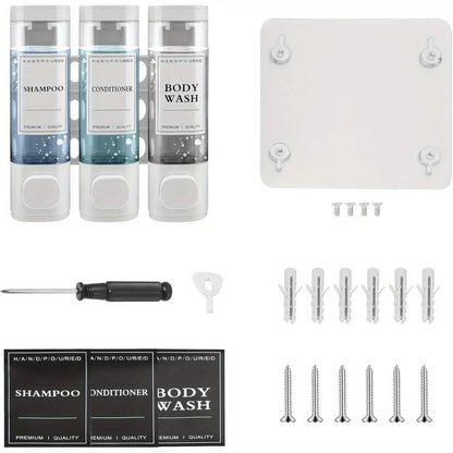 Wall-Mounted 3-in-1 Shampoo, Conditioner, Soap Dispenser, No Drilling
