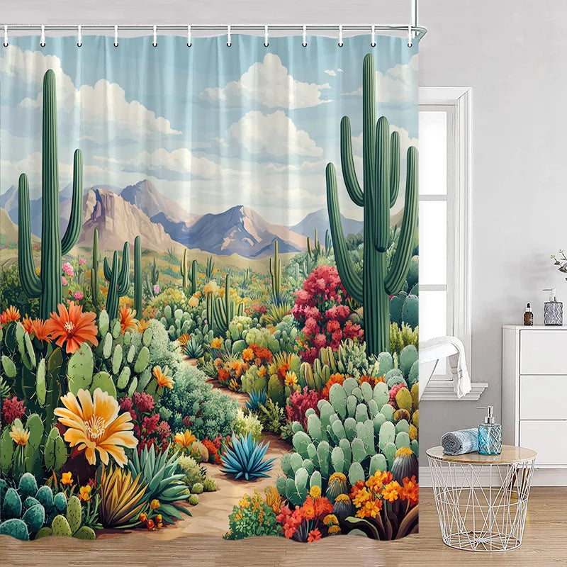 Cute Greenery Print Shower Curtain with Hooks