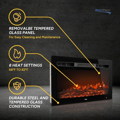 Electric Fireplace, Remote, 4 Flame Settings - Adjustable Heat 68°F-82°F