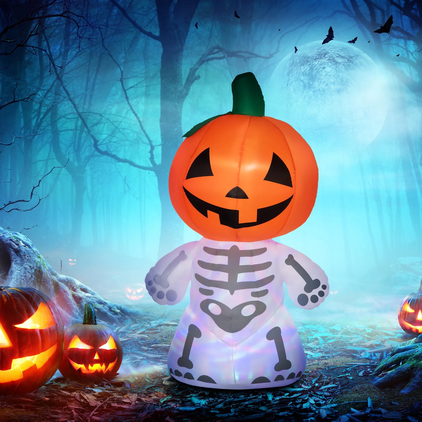 6ft Halloween Outdoor Inflatables, Smiling Skeleton Ghost with Pumpkin Head