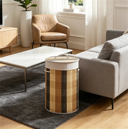 Collapsible 13.2 Gallon Bamboo Laundry Hamper with Lid & Removable Liner,