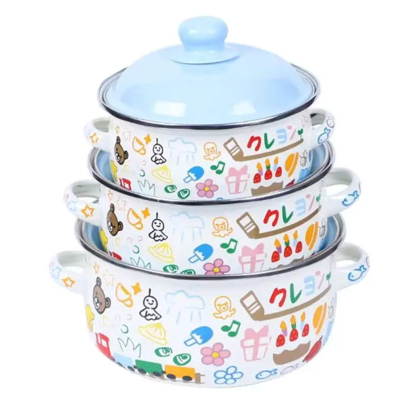 Retro 3pc Flat Bottom Vintage Enamel Stock Pot Set w/Lid, 34oz/51oz/68oz