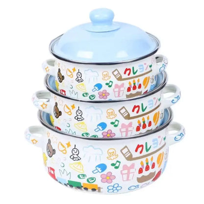 Retro 3pc Flat Bottom Vintage Enamel Stock Pot Set w/Lid, 34oz/51oz/68oz