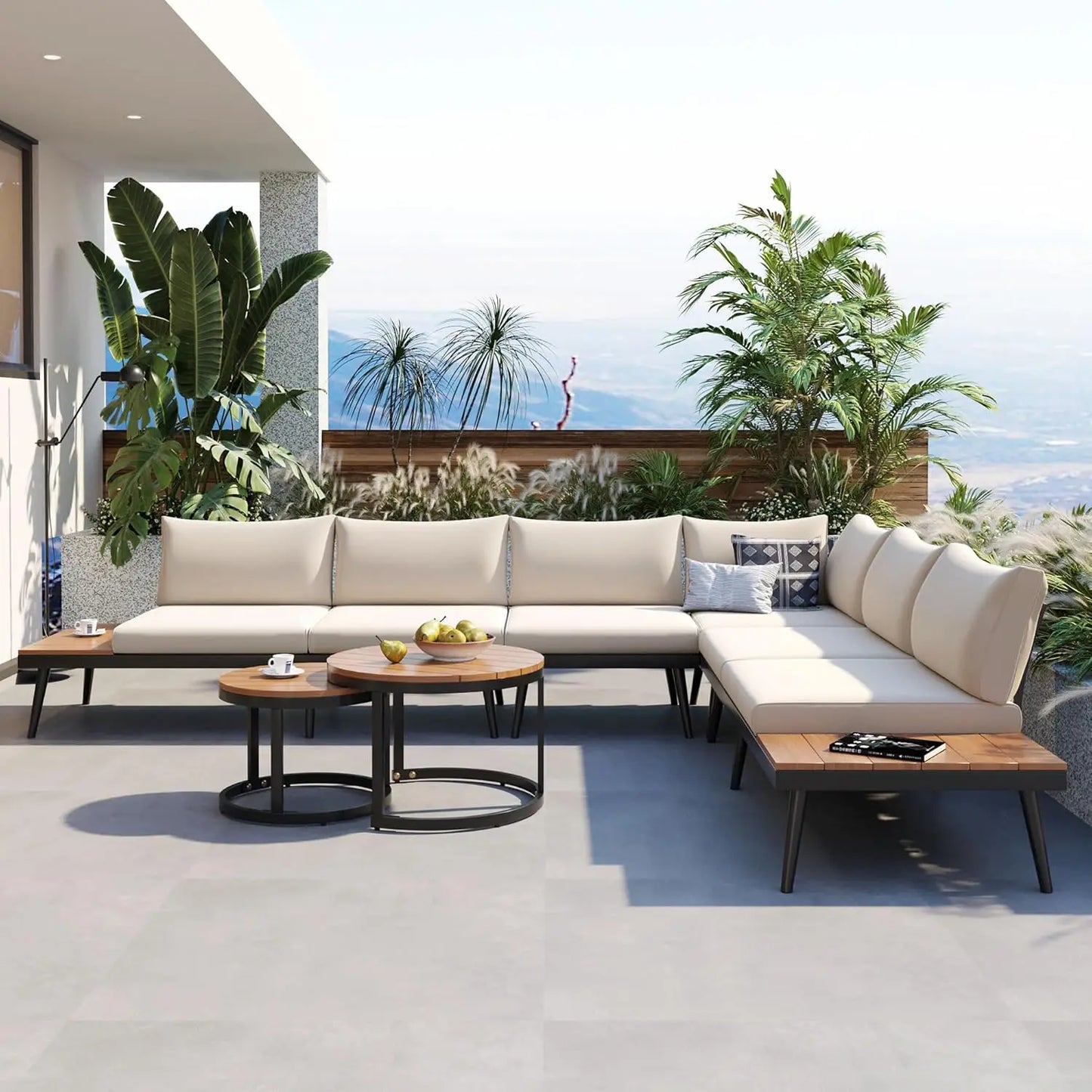 4 pc Acacia Wood Outdoor Sectional Slatted Sofa Set w/Cushions
