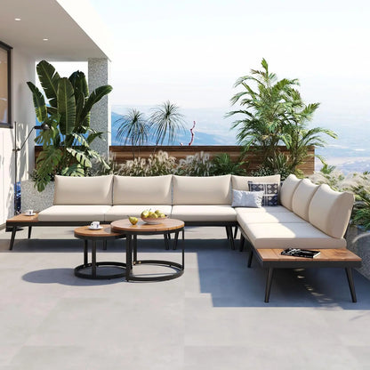 4 pc Acacia Wood Outdoor Sectional Slatted Sofa Set w/Cushions