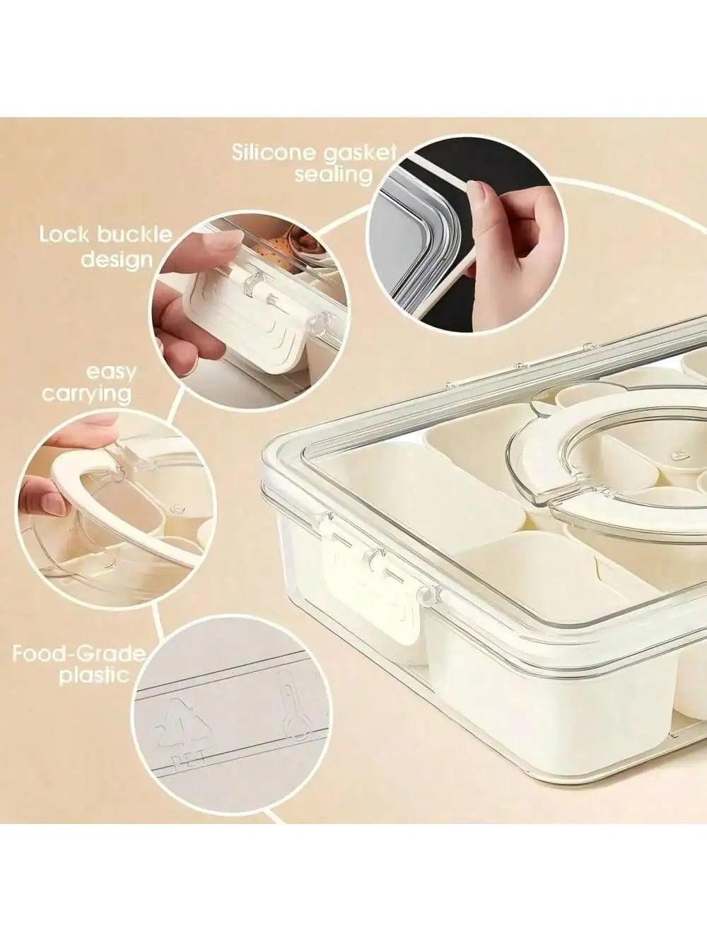 Divided Serving Tray w/Lid Snack Box, Portable Snack Tray