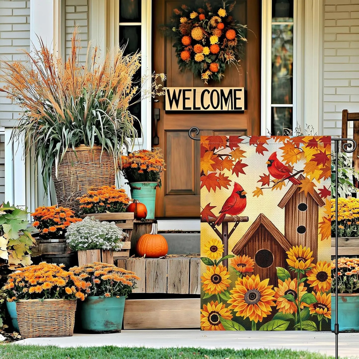 Fall Garden Flag Cardinal Sunflower Bird Burlap Thanksgiving