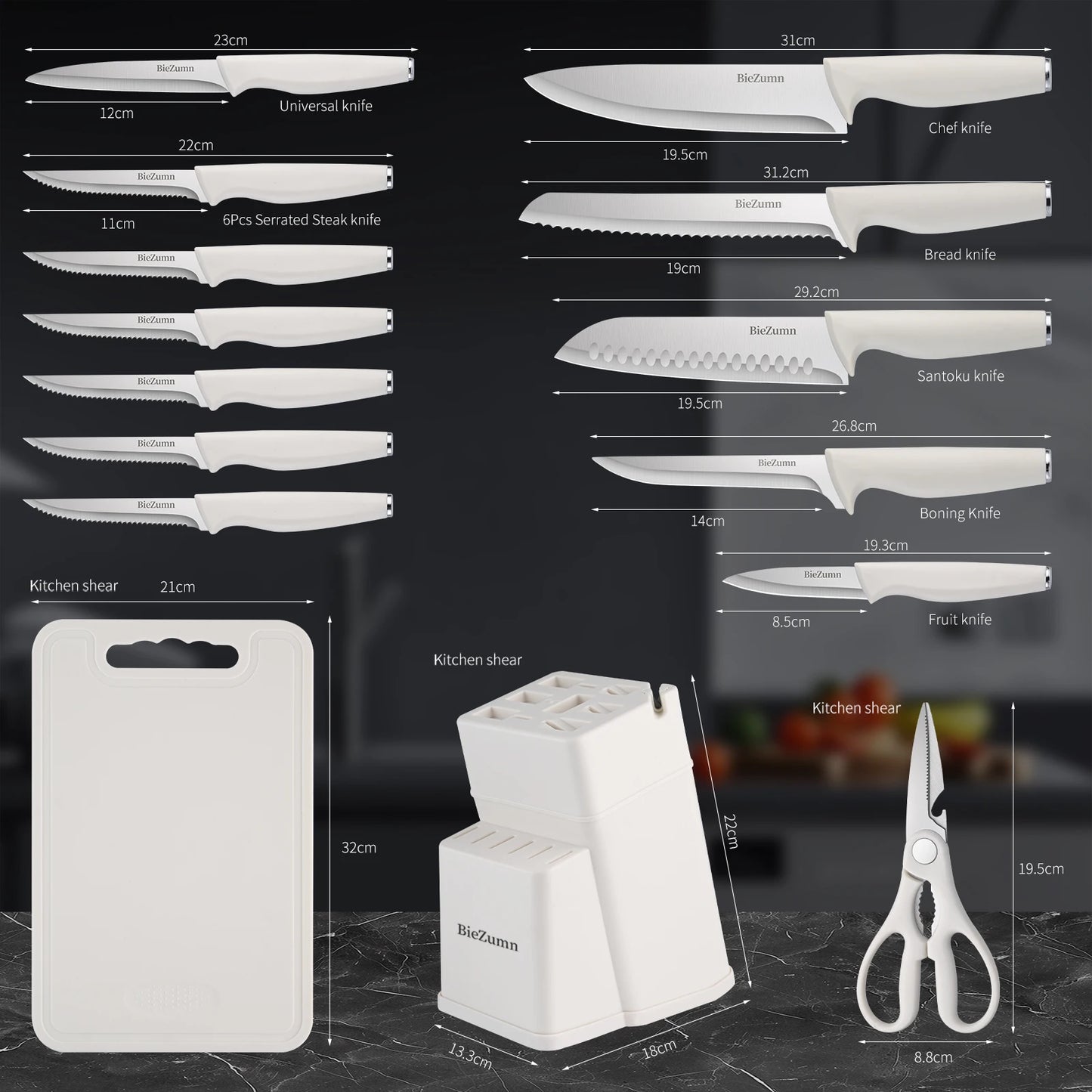 15/3-Piece Knife Set w/Cutting Board, Scissors, Built-In Sharpener