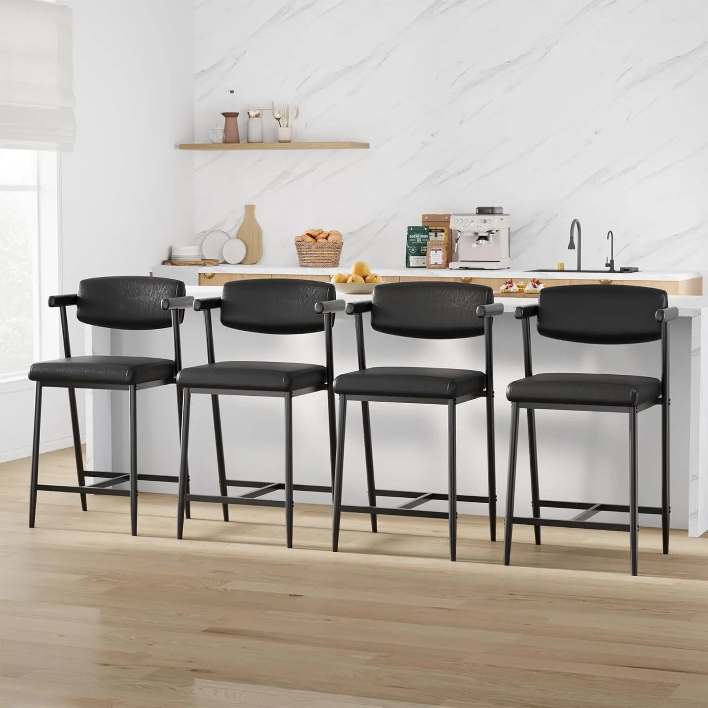 Modern Bar Stools Set (2) Back & Upholstered, Footrest