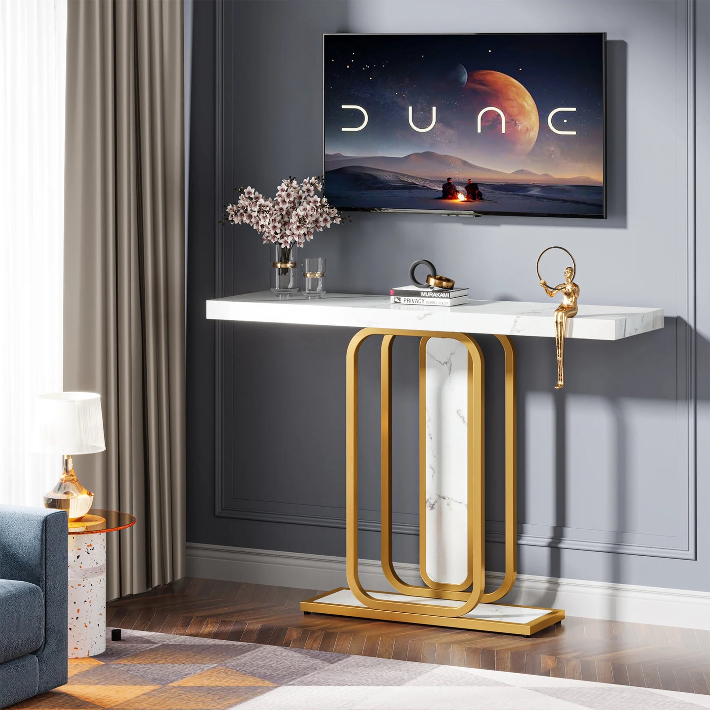 Modern Accent Gold/White Console Table , LED Lights,