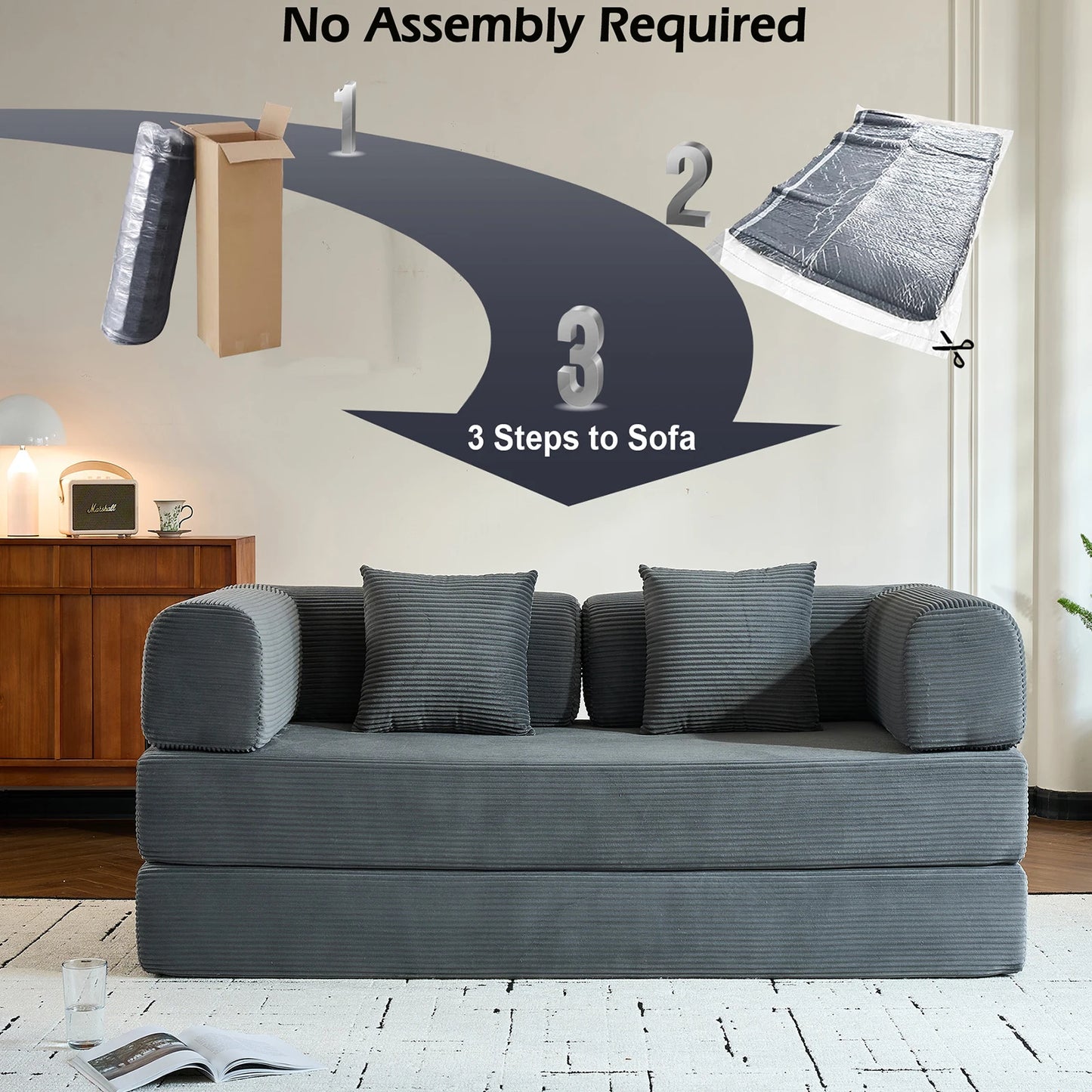 79" Folding Convertible Sofa Bed, Oversized Corduroy Futon, Boneless Loveseat