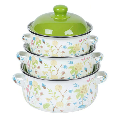 Retro 3pc Flat Bottom Vintage Enamel Stock Pot Set w/Lid, 34oz/51oz/68oz