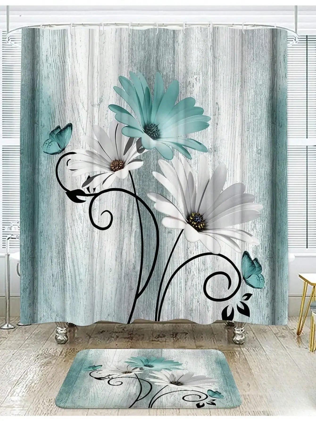 Floral Shower Curtain and Anti-Slip Bathroom Mat, Multi-Colors