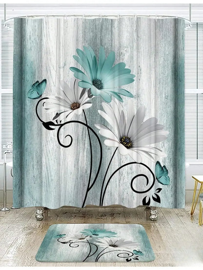 Floral Shower Curtain and Anti-Slip Bathroom Mat, Multi-Colors