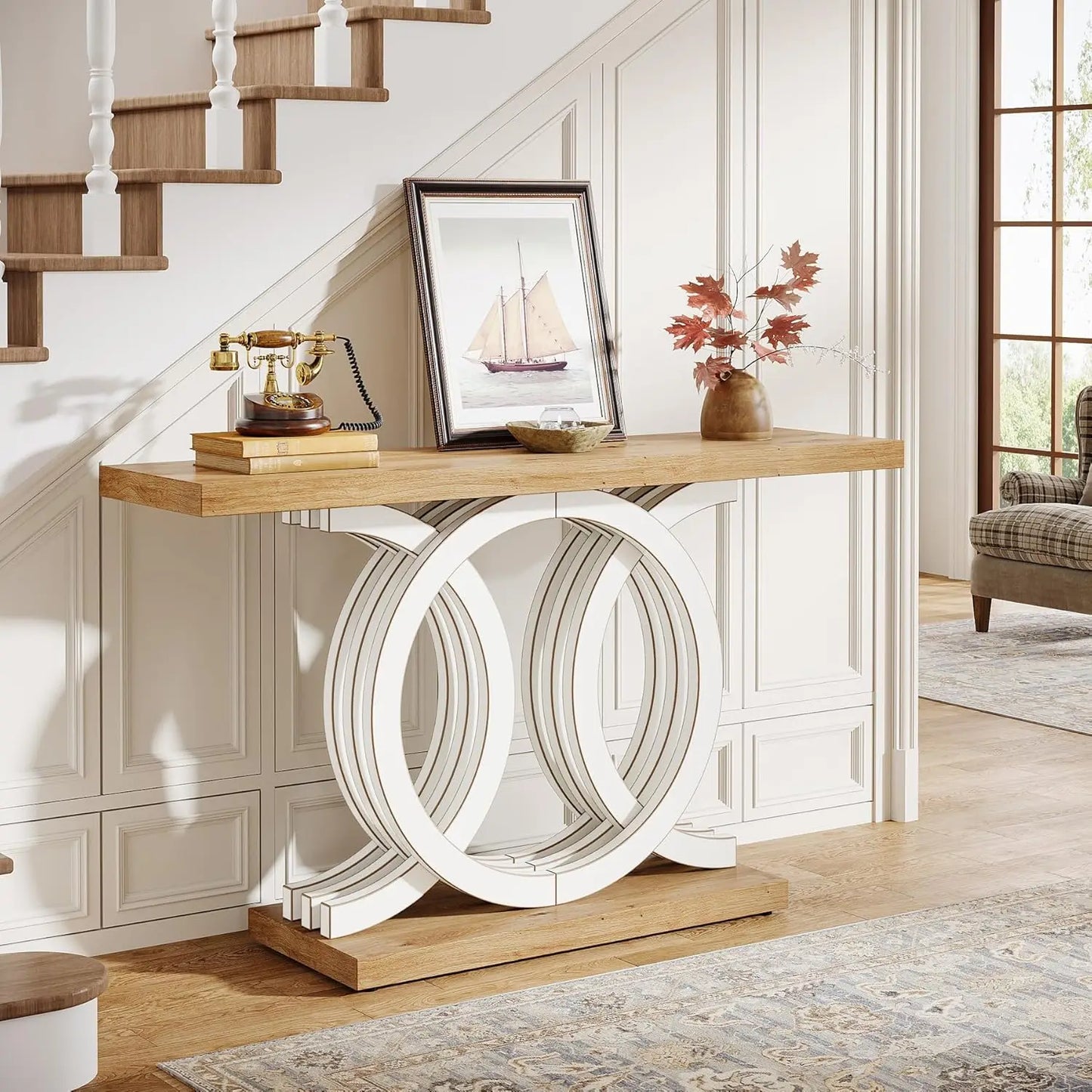 Modern 55"Console Table w/Geometric Wood Base, Modern