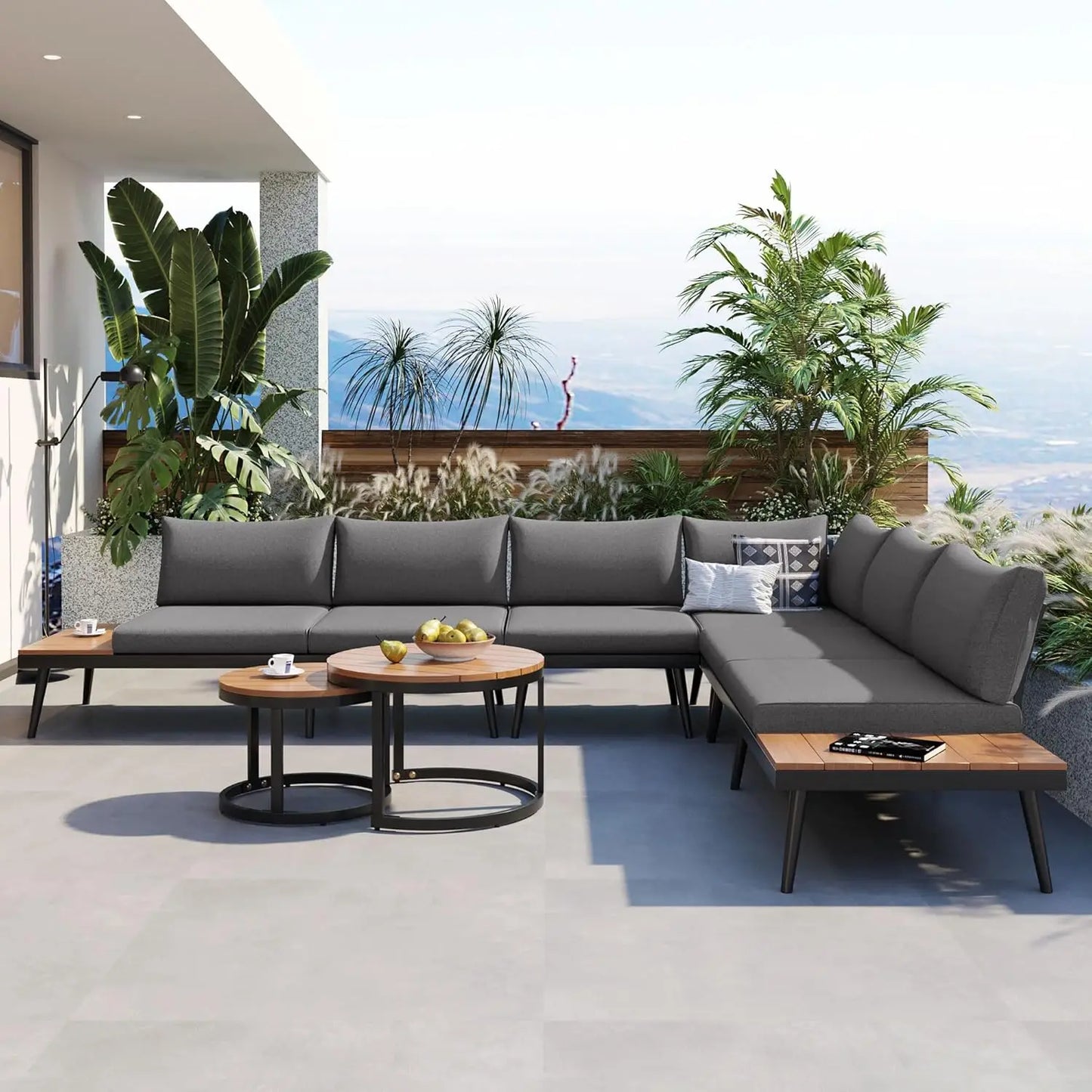 4 pc Acacia Wood Outdoor Sectional Slatted Sofa Set w/Cushions