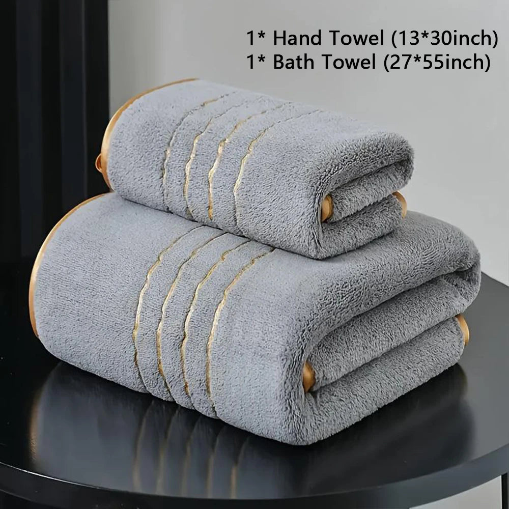2/3/6/8 Pcs Bath Towel Set White & Gray with Gold Accents