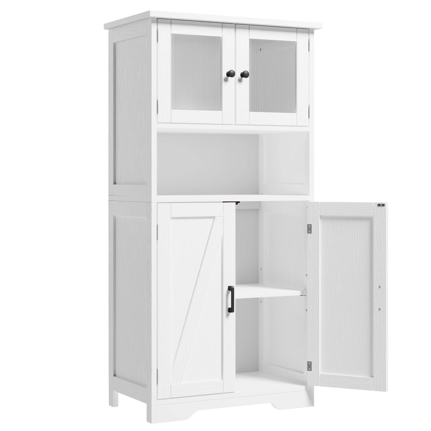 Free Standing Kitchen Pantry w/ 4 Doors, Tempered Glass