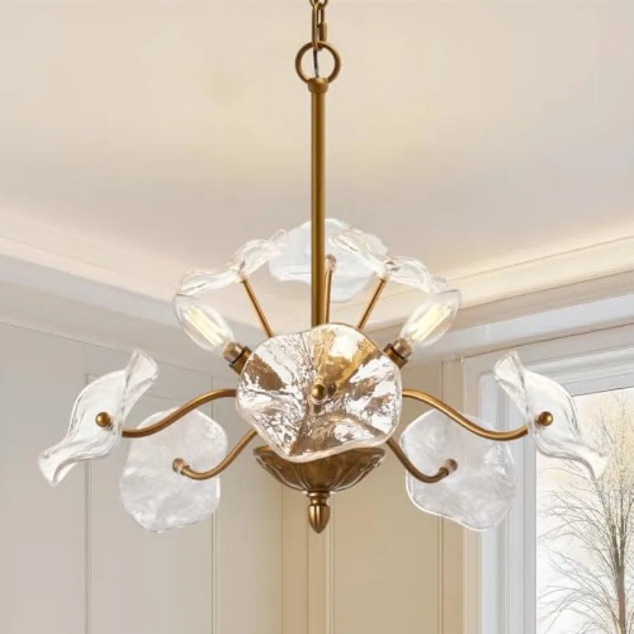 Modern Gold Chandelier, Vintage Flower Glass Pendant Light Fixture