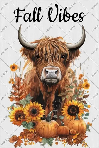 Highland Cow, Pumpkins, Sunflower Metal Tin Sign