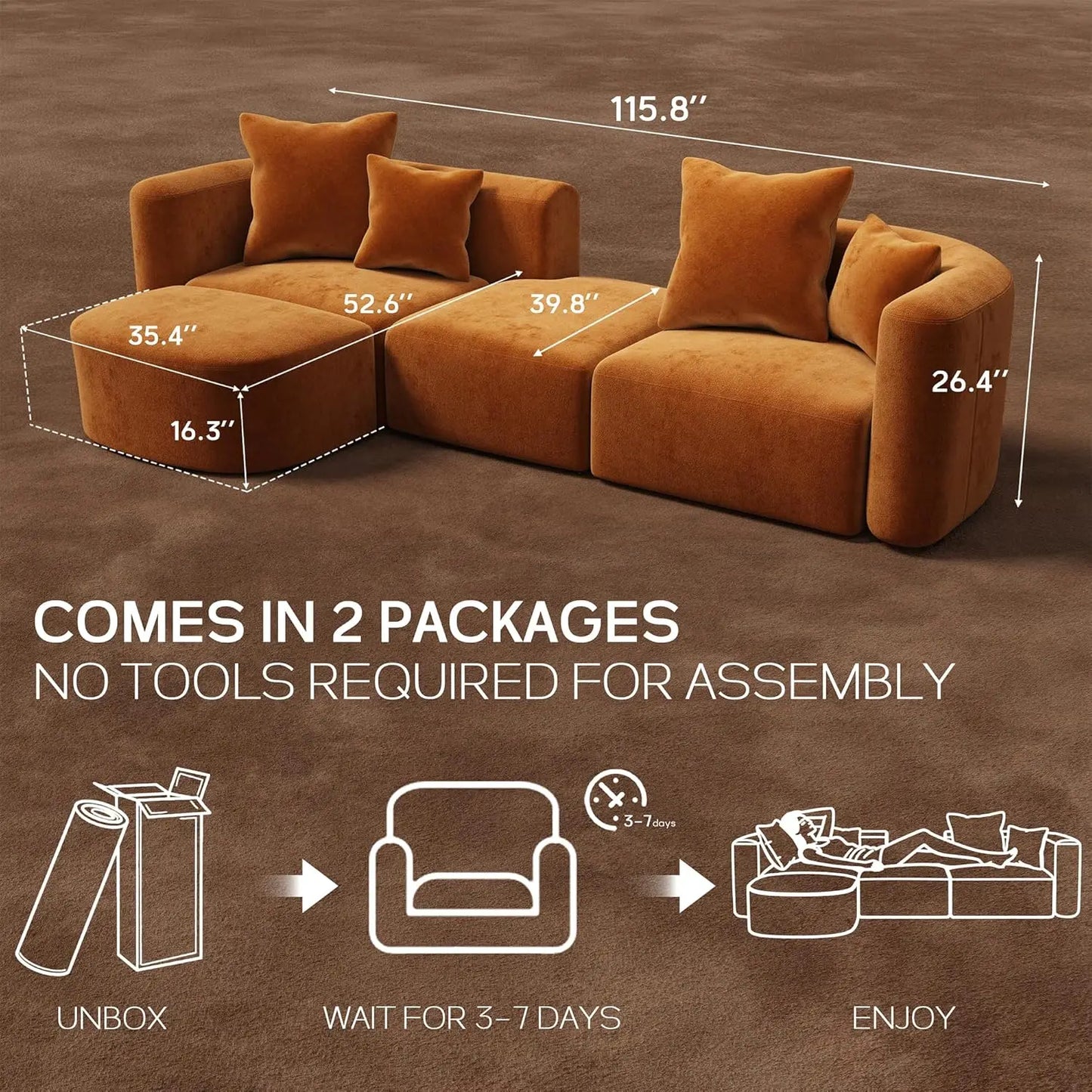 116" Luxury Sectional Modern Curved Back Couches w/Ottoman,