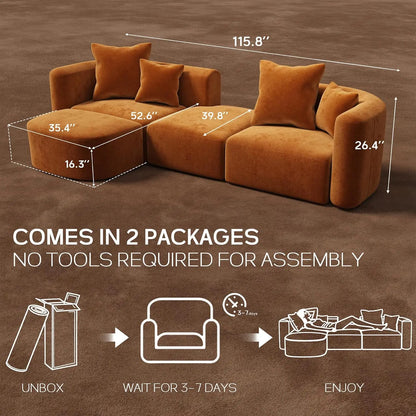 116" Luxury Sectional Modern Curved Back Couches w/Ottoman,
