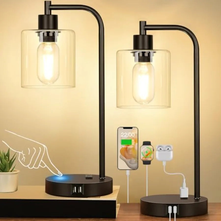 Set (2) Dimmable Touch Control Table Lamps w/USB C+A Ports and AC Outlet