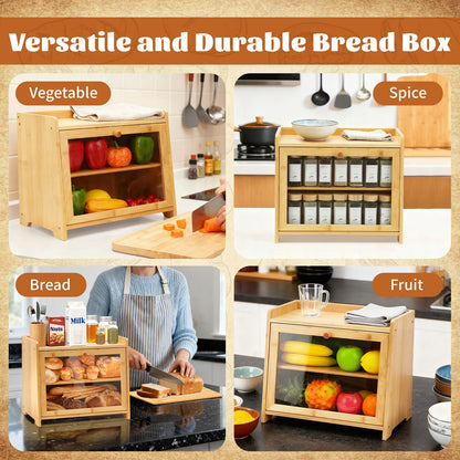 Bamboo Bread Box for Kitchen Countertop (Natural), Double Layer with Window