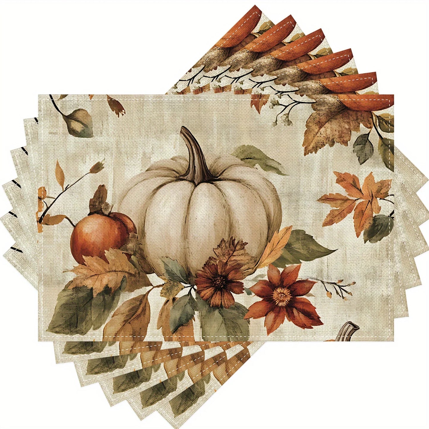 Fall Thanksgiving 4/ 6pcs Vintage Pumpkin Flowers Leaves Placemats 12"x18"