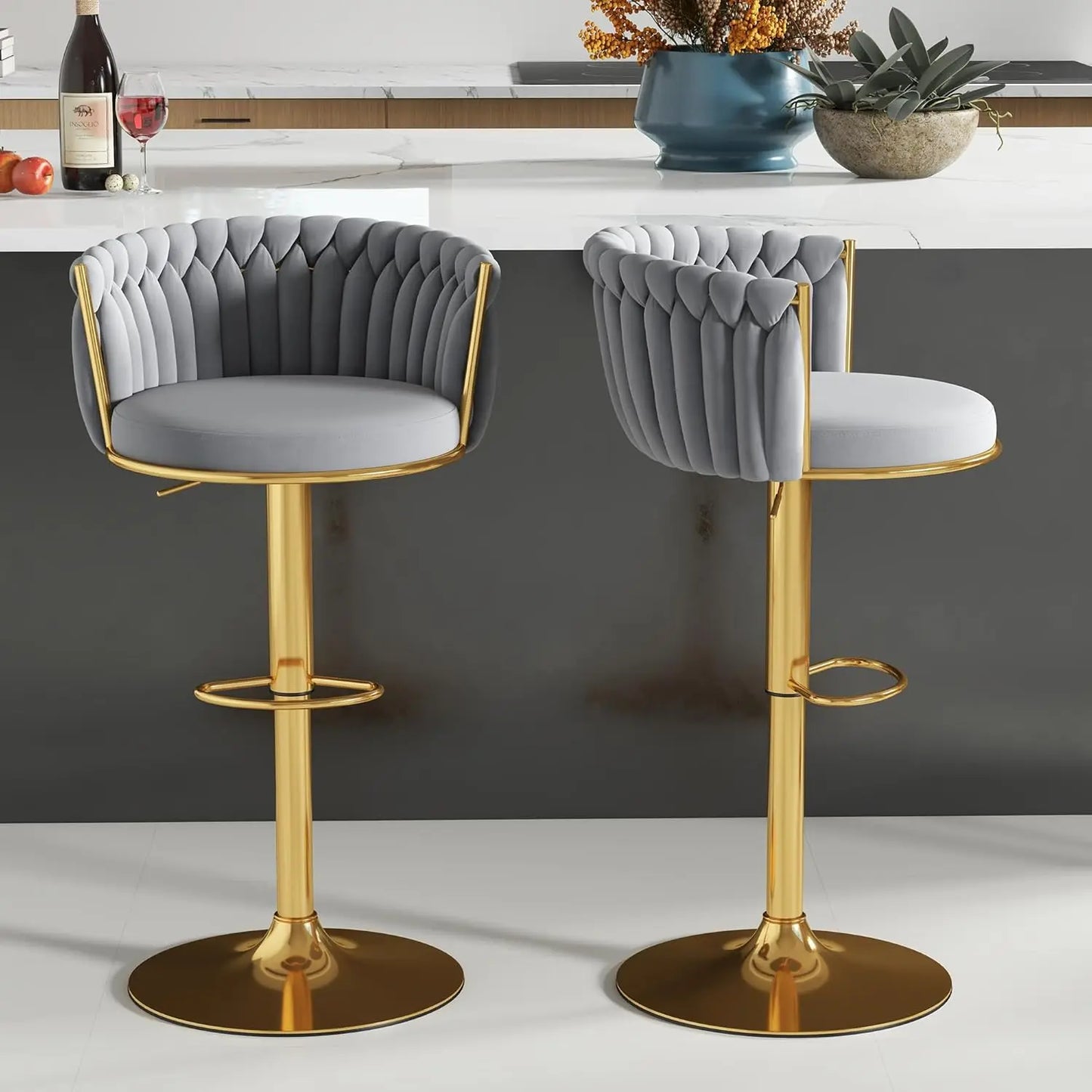 Set of 2, Hand-Woven Barstools, Counter Height
