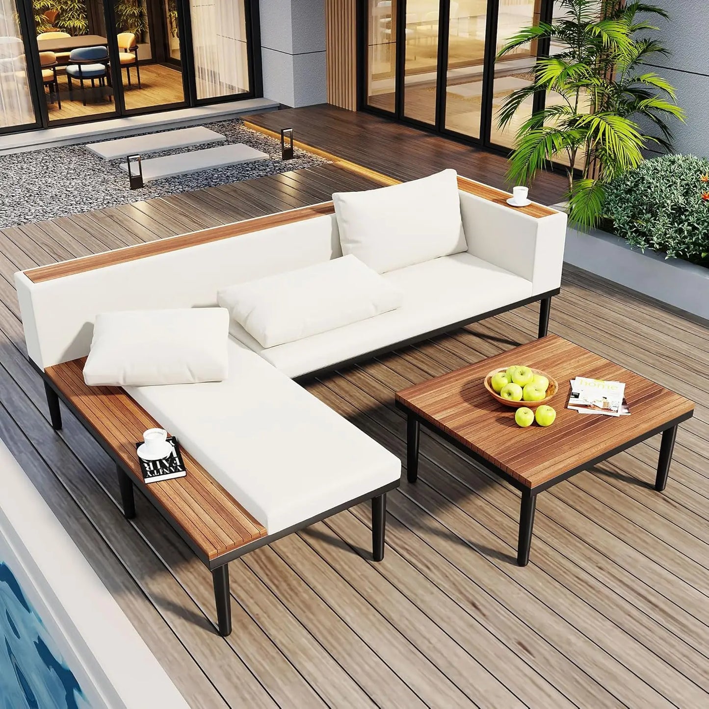 4 pc Acacia Wood Outdoor Sectional Slatted Sofa Set w/Cushions