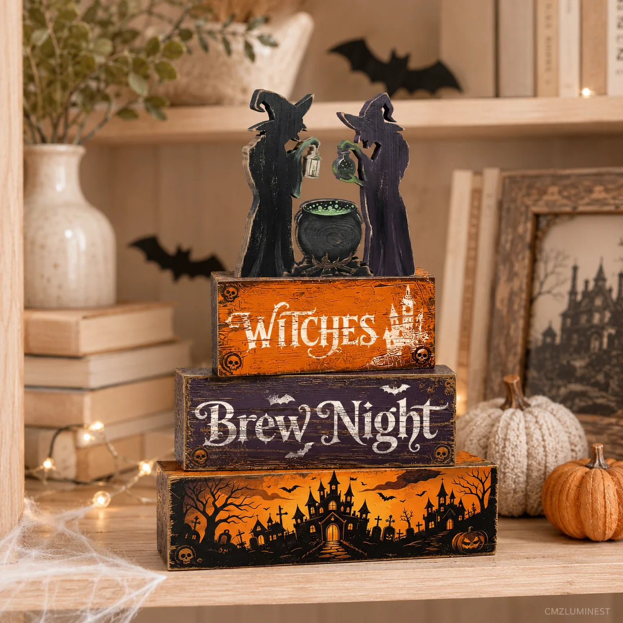 Rustic Witch Hat Table Decorations - Artificial Wood Layered Tray Centerpiece