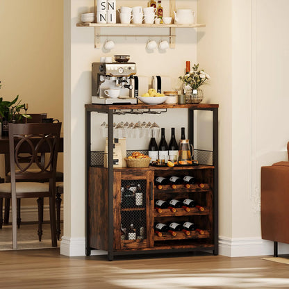 3-Tier Wine Bar Cabinet w/Adjustable Shelves & Glass Holders