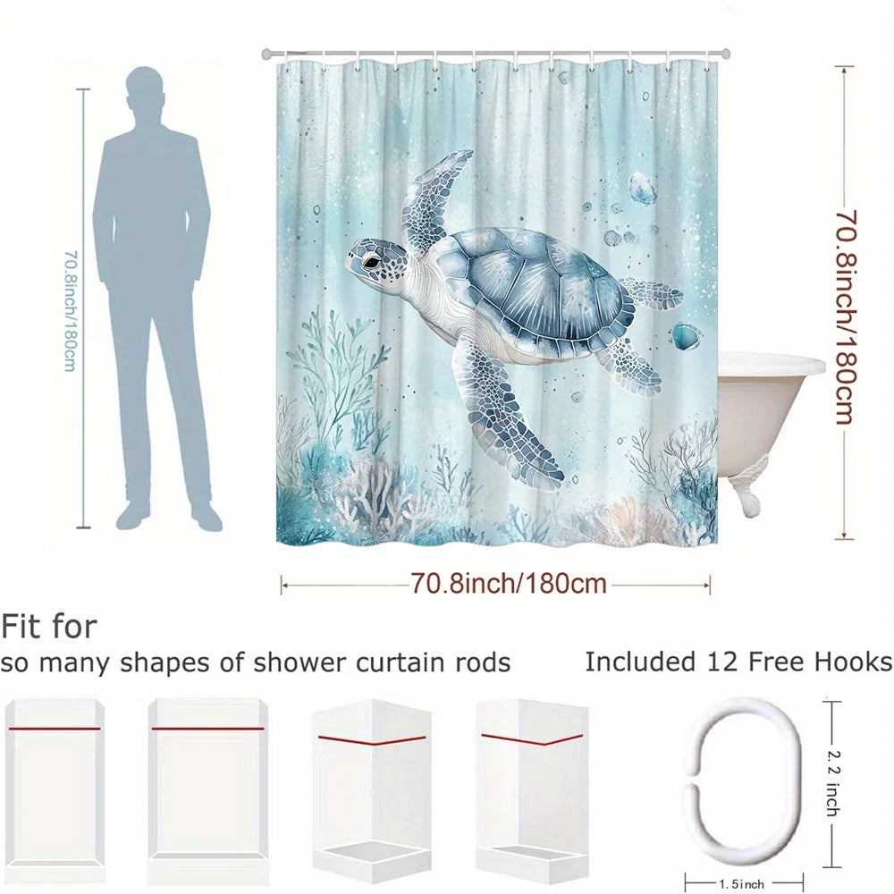 Sea Turtle Shower Curtain Blue Grey Coral Reef Underwater Design Polyester Fabric 12 Hooks Machine Washable Air Dry Modern Bathroom Decor Smooth Texture Turtle Theme Bathroom Curtain Waterproof Bath Curtain Ocean Style Bathro