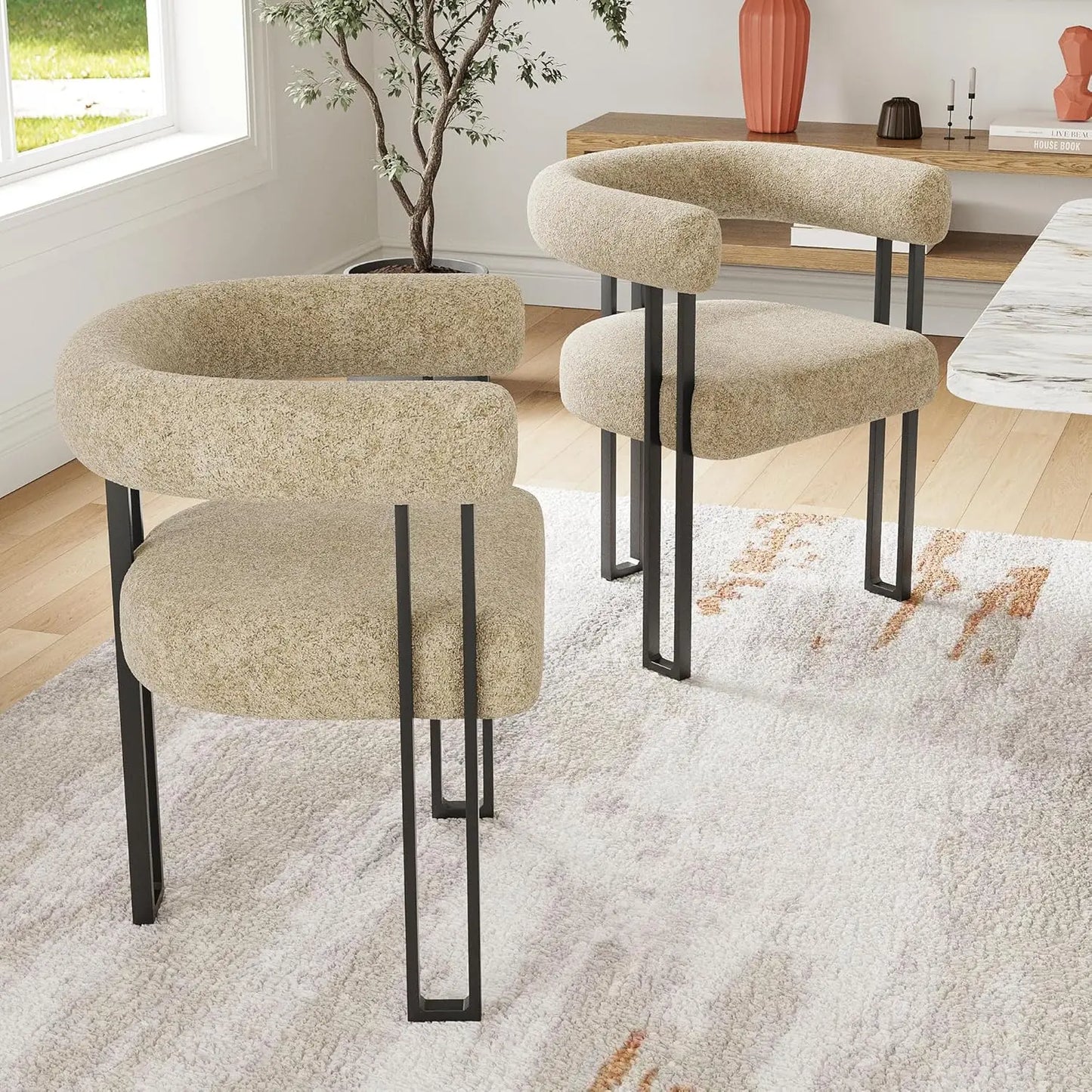 Set (2) Modern Bouclé Fabric Upholstered Dining Room Armchairs